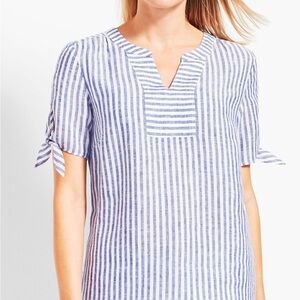 Talbots Women 0X blue and white linen Stripe Tie Sleeve  Lightweight Shirt Top